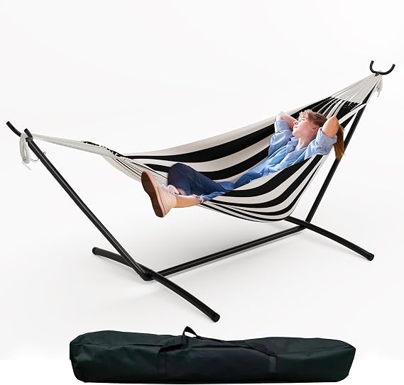 Extra Wide Hammock Chair with Stand, 500lbs Heavy Duty Steel Frame, Adjustable Height, Portable Folding Patio Swing for Outdoor, Backyard, Balcony, Camping Includes Waterproof Carry Bag