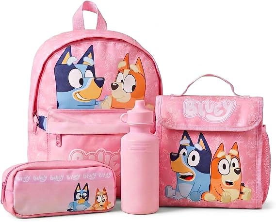 Bluey & Bingo Kids Backpack Lunch Bag Pencil Case & Water Bottle Set Girls Nursery Rucksack Back to School Girls Set Pink