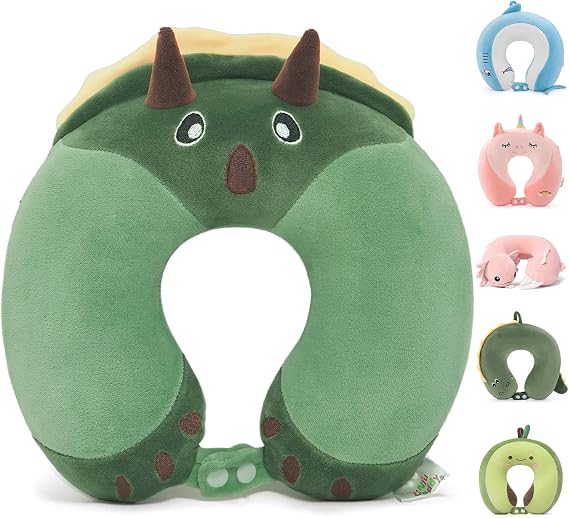Kids Travel Neck Pillow for Ages 3-8 with Memory Foam, Dinosaur
