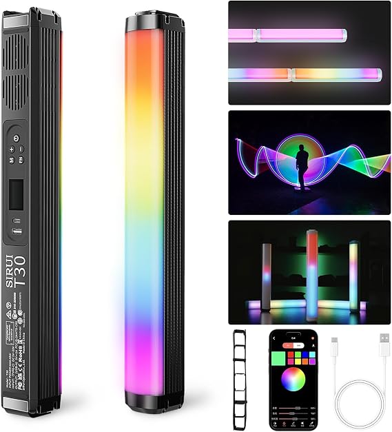 SIRUI 30W RGB LED Video Light Stick, T30 Full-Color LED Tube Light, 2500K~7000K, 2580 lux/0.5m, TLCI 98, CRI 96, 6 Pixel Effects, Reverse Charging, Magnetic Light, Black
