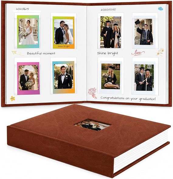 Ruibytree 128 Pockets Instant Mini Photo Album for 2x3 Pictures, Brown | Writing Space, Premium Vegan Leather, Flat-Fit Clear Pocket, Wedding Guest Book for Polaroid 2x3 Photos, Graduation Keepsakes