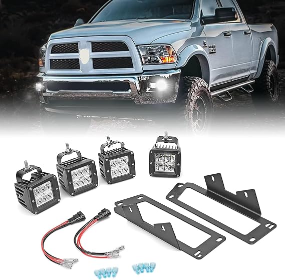 Dasen 4PCS 3" LED Cube Fog Lights Pod & Front Bumper Dually Foglamp Mounting Brackets w/Wiring Kit Compatible with Ram 1500 2009-2012, Fit Ram 2500 2010-2019