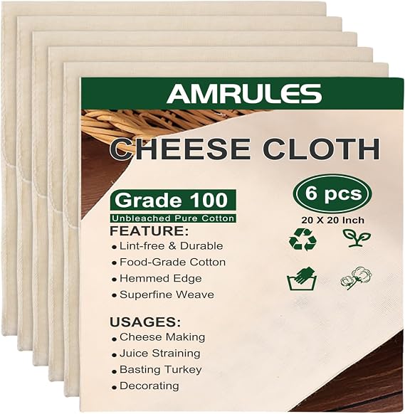 Amrules 6 Pcs Cheese Cloths, Grade 100, 20x20 Inch, Unbleached Cotton | Unbleached Cotton, Grade 100 Fine & Dense, Hemmed Edges, Reusable & Washable, for Straining, Juicing, Cheese Making & Crafts