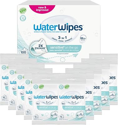WaterWipes Sensitive On The Go Wipes, 3-In-1 Cleans, Cares, Protects, 99.9% Water, Unscented & Hypoallergenic Wet Wipes, 100 Count 10 Packs