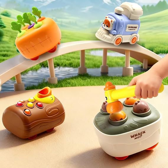 Press and Go Car Toys, Kids Train Set with Whack-A-Mole, Woodpecker Worm, Carrot Harvest Game, Car Racing Trucks for Toddler Travel Toys, Baby Learning & Education Train Birthday Boy Girl Gift