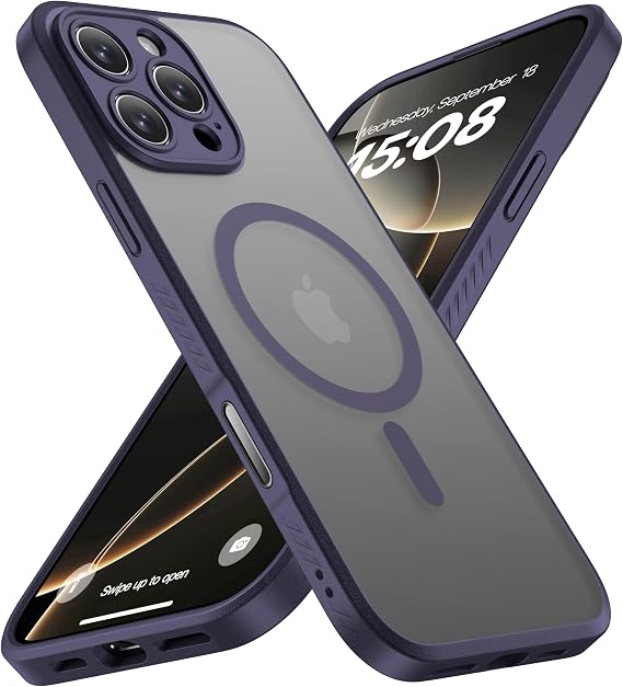 CellEver 強力磁気 iPhone 16 Pro Max用 ケース カメラコントロールキャプチャボタン付き カメラ保護 軍用落下保護 MagSafe対応 スリム半透明マットカバー、ディープパープル