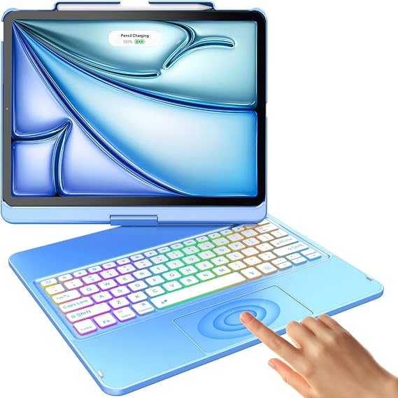 FUWANG for iPad Air 13 inch Case Keyboard & Pro 12.9", 360 Rotating, Blue