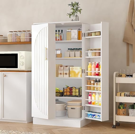 kepptory Kitchen Pantry Cabinet 47" H, Farmhouse Storage Cabinet with Adjustable Shelves and Drawer, Buffet Cupboards Sideboard for Kitchen, Dining Room, Living Room (White, 16" D x 24" W x 47" H)