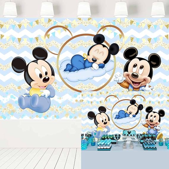 Baby Mickey Mouse 1st Birthday Party Supplies Blue Golden Backdrop for Cake Table Baby Shower Background Cartoon Photo Studio Props 355