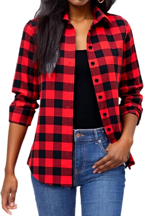 Women Buffalo Flannel Plaid Shirts Long Sleeve Button Down Blouses