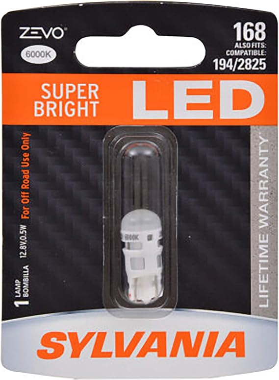 SYLVANIA - 168 T10 W5W ZEVO LED White Bulb - Bright LED Bulb, Ideal for Interior Lighting - Map, Dome, Truck, Cargo and License Plate (Contains 1 Bulb)