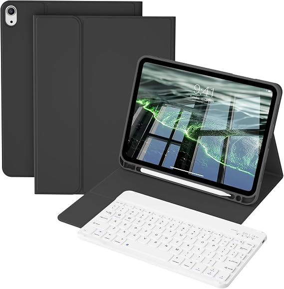 Aesthetic Keyboard Case for iPad (A16) 11th/10th Generation 11/10.9 Inch, Detachable Wireless Bluetooth Fast Pairing Keyboard, Built-in Pencil Holder, Durable Soft TPU Folio Cover, Black