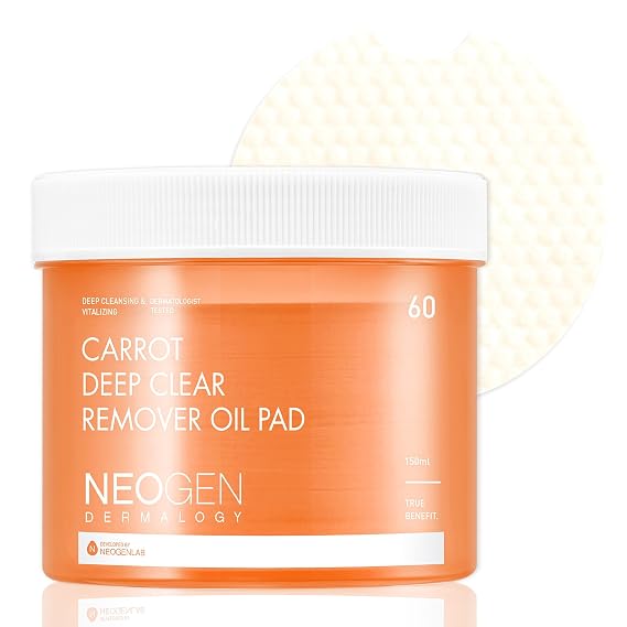 DERMALOGY by NEOGENLAB Carrot Deep Clear Remover Oil Pad (60 Pads) - Facial Oil Make Up Remover Cotton Pad for Sensitive Skin, Gently Removes Waterproof Makeup & Impurities, Alcohol-Free