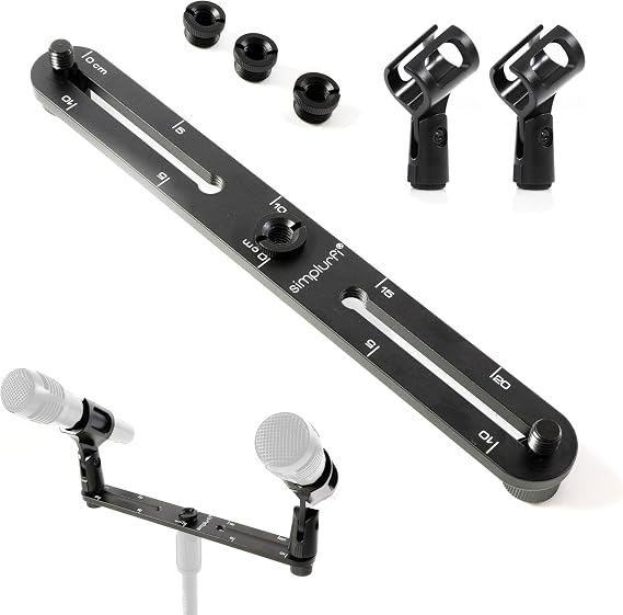 Stereo Array Spacing Microphone Mount with Ruled Markings - Holds 2 Mics - X-Y and ORTF Mic T-Bar Bracket, Fits 3/8" and 5/8" Mic Stands with Included Adapter (MIC-BAR-CLIP-MARK)