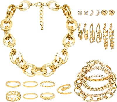 NEWITIN 44 Pieces Chunky Gold Jewelry Set for Women Fashion Costume Jewelry Gold Plated Chunky Necklace Chain Bracelet Ring Hoop Earrings Set for Women