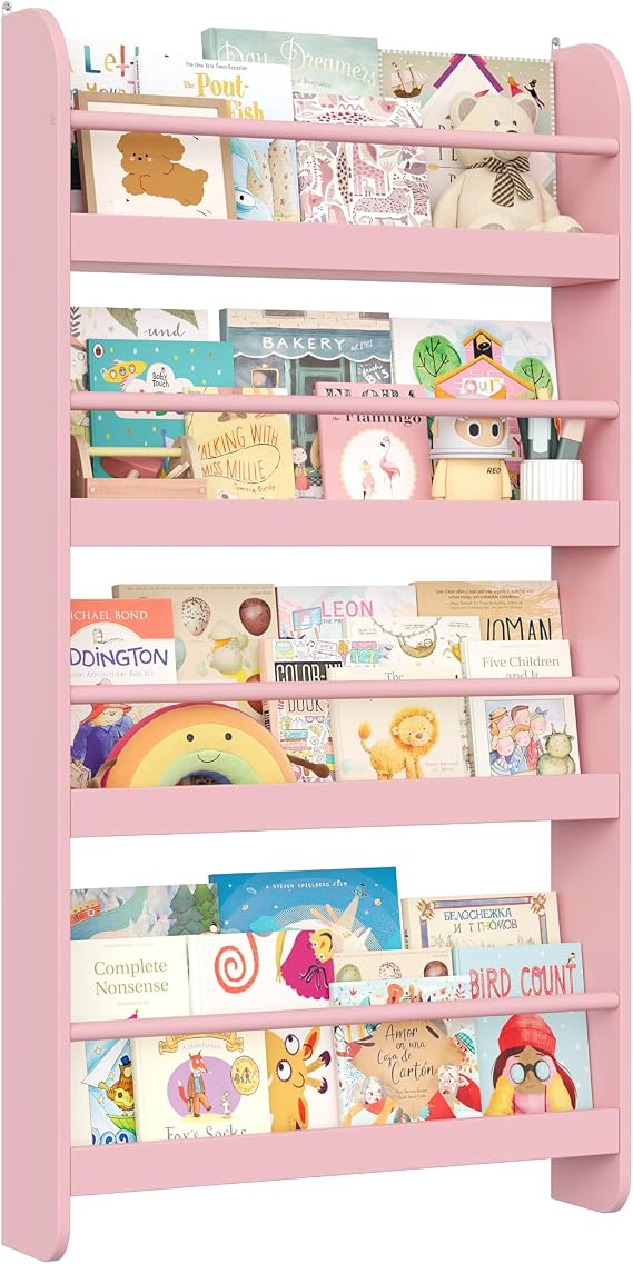 FOREHILL Kids Bookshelf Wall Mounted Childrens Bookcase with 4 Tiers Rack | Book Organizer Behind Door, Wall Book Shelf, Book Storage Rack Wooden for Kids Room, Nursery, Playroom 58 x 12 x 111 cm Pink