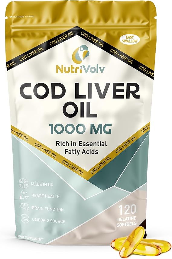 Cod Liver Oil High Strength 1000mg Heart, Brain and Joint Healthcare Supplements, Natural Rich Source of Omega 3 Fatty Acids | 120 Capsules