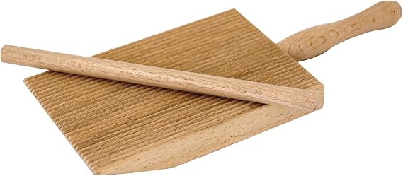 Tredoni Professional Garganelli/Gnocchi Wood Paddle Slanted Ridge Board Pasta Maker + Stick, 3.6x5" (9x12.5 cm)