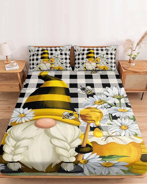 Bedding California King Size Fitted Sheets Fit 5"-16" Deep Pocket Mattress,Gnome Country Diasy Floral Soft Bottom Sheet Black White Plaid Checker Fitted Sheet Bed Set with Pillow Case