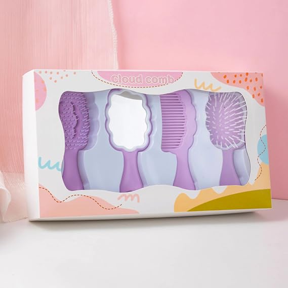 4 Pieces Mini Wet Hair Brush Hair Comb Set For Women Girls Kids Gift Small Cute Cloud shaped Hair Comb Hair Brush Handheld Mirror Set Travel Detangling Comb Massage HairBrush with Air Cushion (Purple)