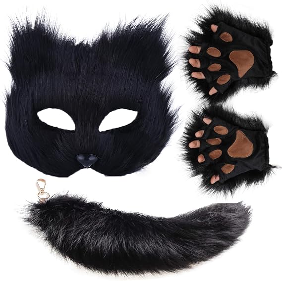 Valpeak Therian Mask and Tail Set for Girls Halloween Cat Mask Tail Cosplay Fox Mask Wolf Tail Over 1 Years Old