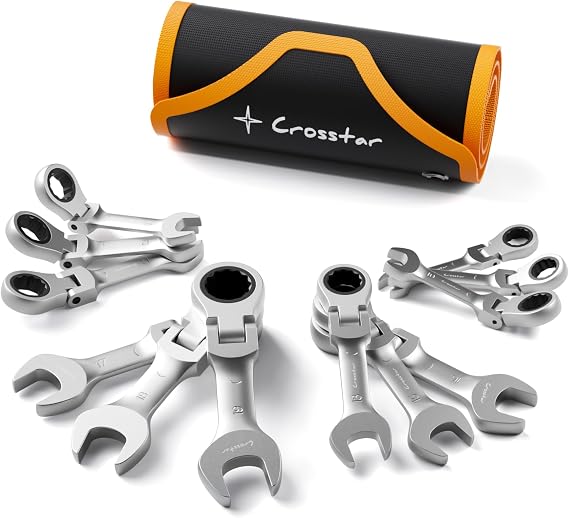 Crosstar 12Pcs 8-19mm Stubby Flex-Head Ratcheting Wrench Set, Metric