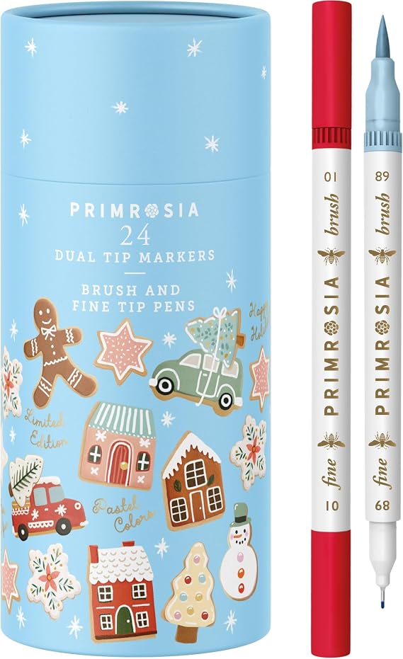 Primrosia 24 Dual Tip Marker Pens Christmas Sugar Cookie Limited Edition Gift Pack. Pastel & Holiday Colours for Coloring, Journaling, Card Making, Tags & Creative Projects. Brush & Fine Tips