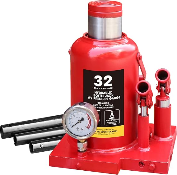 Torin Welded Hydraulic Double Piston Car Bottle Jack with Pressure Gage and Slow Release,32 Ton(64,000 lbs),red, ATH932001BB