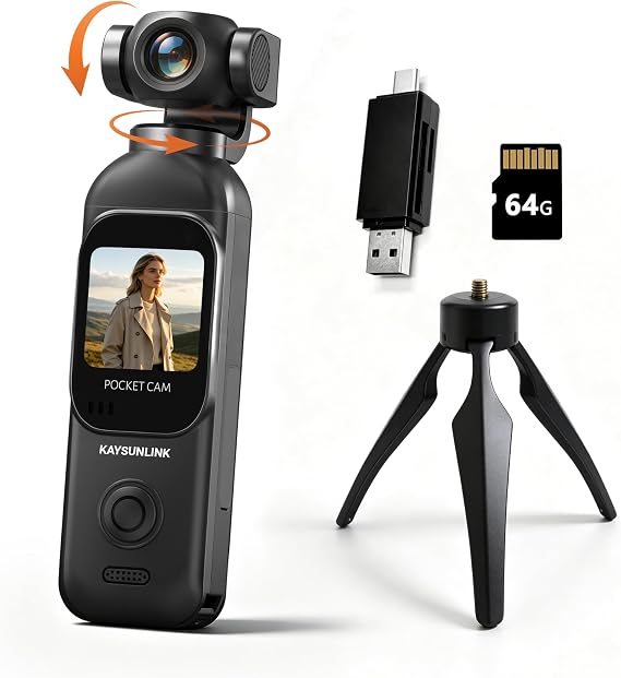 Kaysunlink 1080P Vlogging Camera with 270°Rotatable Lens, Handheld POV Pocket Camera with Touch Screen & WIFI, 5 Hours Power, One-button Recording Camcorder with 64GB Card for Daily Use, Travel, Black