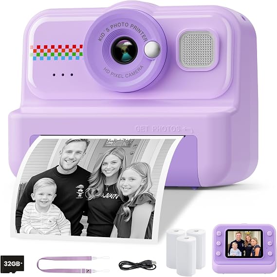 HiMont Kids Camera Instant Print, 1080P Instant Print Camera for Kids with 32GB Card & 3 Rolls Paper, Selfie Digital Camara, Funny Toys Gifts for Boys & Girls Age 3-12 (Purple)