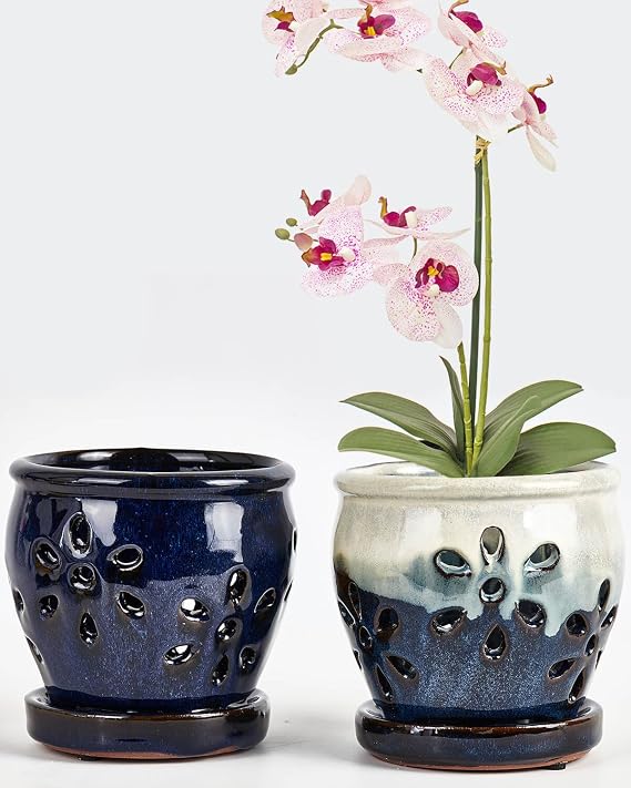 vensovo 2 Pack 4 Inch Ceramic Orchid Pots with Holes and Saucers, Blue Mix | Small Ceramic Planters for Orchids and Succulents, with Drainage Holes and Saucers for Indoor and Outdoor Repotting