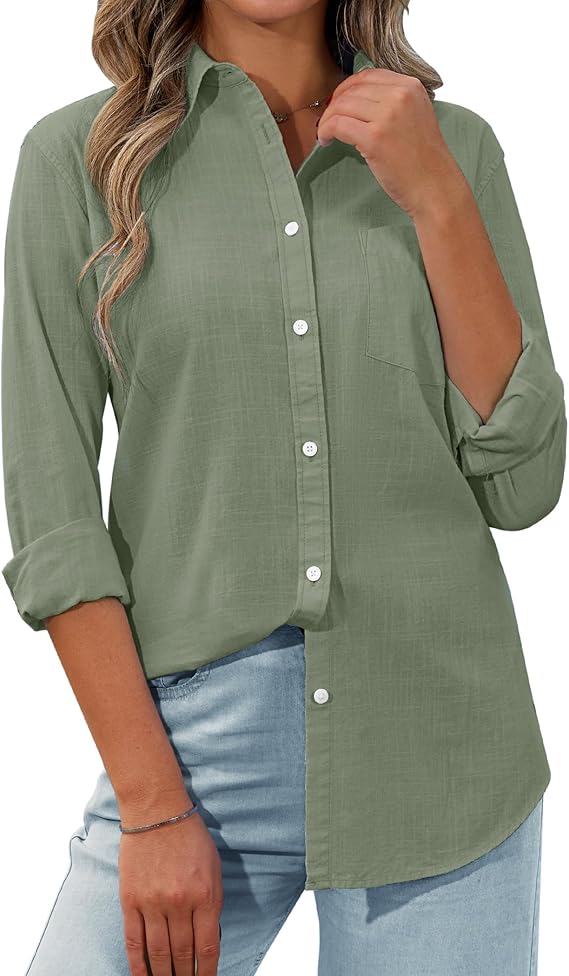 siliteelon Womens Button Down Shirt Linen Button Up Shirts for Women Long Sleeve Summer Shirt Collared Blouse Linen Tops