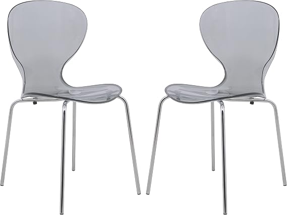 LeisureMod Oyster Dining Chair Set of 2 Stackable Curved Back and Waterfall Edge Seat Design with Stainless Steel Legs for Modern Home, Kitchen, and Office Chrome Base, Transparent Black