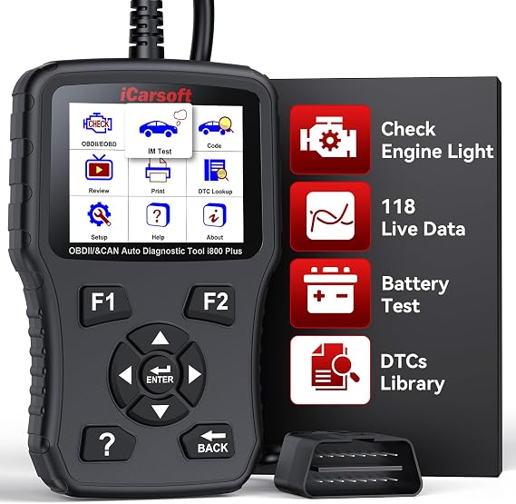 iCarsoft i800 Plus OBD2 Scanner Diagnostic Tool with Component Test/118 Live Data/Reset CEL/Battery Test/Freeze Frame/VIN, Code Reader for All Cars Full OBD2 Functions, Fuel System Scan Tool para Auto