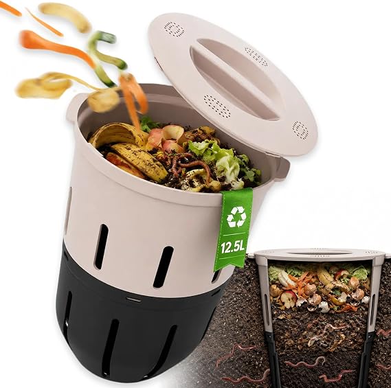 Underground Wormery Composter 12.5 L - Flower Bed Composter for Burying in for Garden Composted Kitchen Waste Plastic Taupe 27.3 x 27.3 x 33 cm