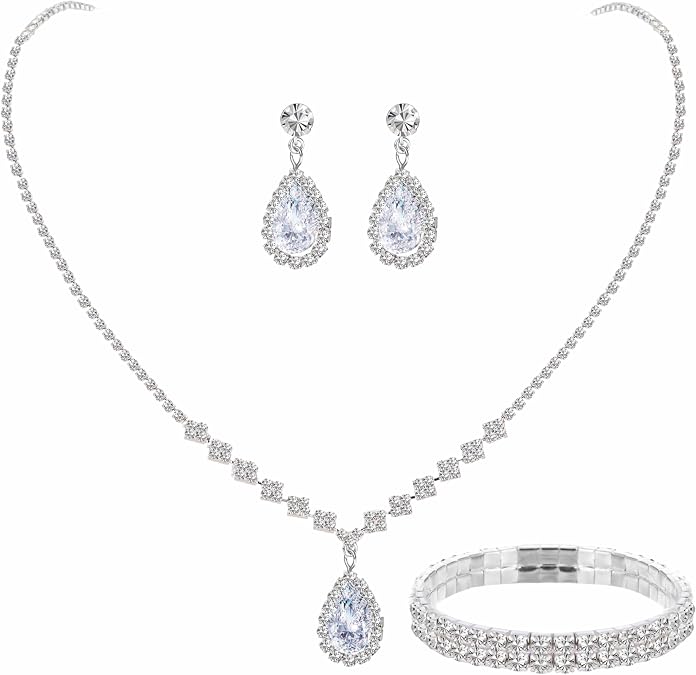 Paxuan Silver/Gold Rhinestone Crystal Wedding Bridal Bridesmaids Earrings Bracelet Set for Women Brides Bridesmaids Crystal Rhinestone Bracelet Earrings Set for Wedding Bridal Prom Pageant