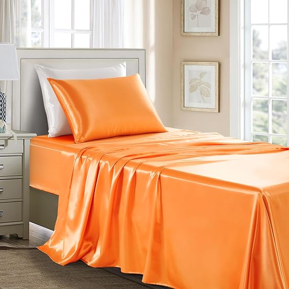 Burnt Orange Satin Sheets Twin Size - 3 Pieces Silky Soft Bed Sheets