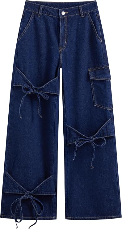 CIDER Baggy Jeans for Women Low Waisted Wide Straight Leg Bow Jeans Denim Pants
