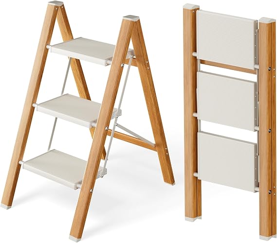 Step Ladder 3 Steps Foldable 150 kg Capacity with Non-Slip Pedal Portable Aluminium Step Stool Easy to Store Indoor and Outdoor Use Aesthetic Look White Wood