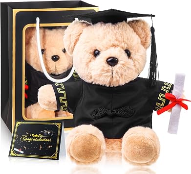 Bear with Graduation Cap Toys Class of 2026 Plush Stuffed Teddy Bear Animal Dog Cap and Gown with Greeting Card and Bag for Graduation Day GiftBlack