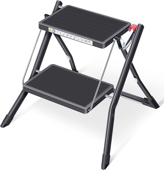 Kingrack Step Ladder Stool, Double Side Folding Step Stool, Portable 2 Step Ladder with handdle, Anti-Slip Large Platform, Slim Household Stepladder with Multi-function, Black