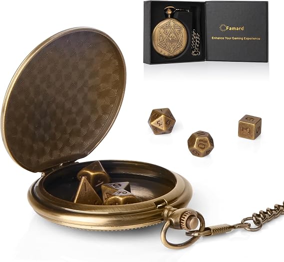 Tiny Metal DND Dice Set with Vintage Pocket Watch Case