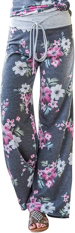 AMiERY Women's Comfy Casual Pajama Pants Floral Print Drawstring Palazzo Lounge Pants Wide Leg