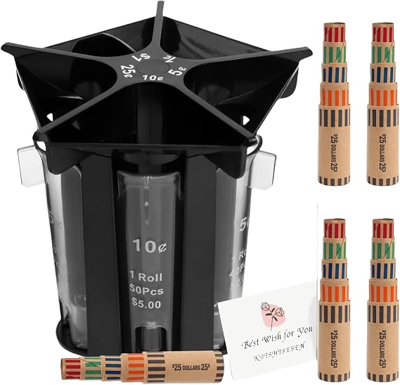 Change Sorter Tube Coin Counter with Coin Wrappers, 5-in-1 Coin Sorter Change Counter Machine, Coin Organizer & Coin Holder Coin Roller, Coin Storage Box,Use with Coin Bank Jar, Accurate & Easy to use