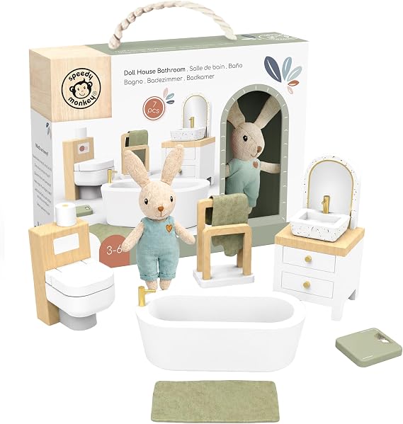 Speedy Monkey Dollhouse Bathroom Set | Bathtub, Sink, Toilet & Bunny