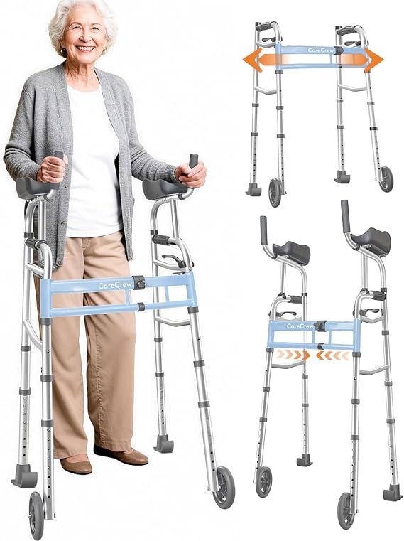 Narrow Upright Walkers for Seniors - with Removable Armrests, Platform Walker for Small Spaces, Adjustable Width Heavy Duty Narrow Walker for Elderly and Bariatric