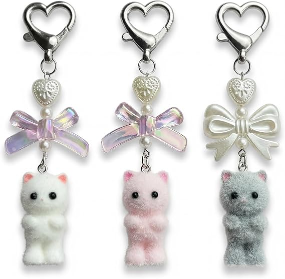 3 Pcs Cute Cat Keychain, Kawaii Fuzzy Kitty Keychain, Aesthetic Y2K Heart Bow Pendent, Stylish Cat Bag Charm for Women, Delicate Cat Keychain Charms for Backpack, Purse, Phone