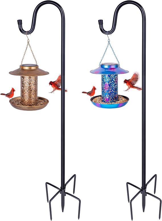 Ottsuls 1 Pack 45 inch Adjustable Shepherd Hooks and Solar Bird Feeder for Outdoors Hanging Decor (Blue and Brown)