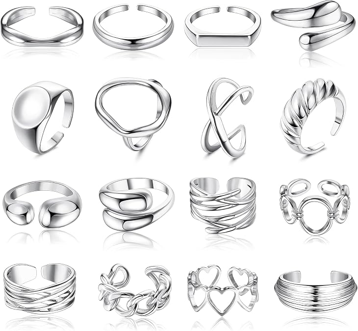 16 Pcs Chunky Rings Set for Women Non Tarnish 18K Gold Plated Chunky Rings Adjustable Stackable Thick Dome Ring Pack