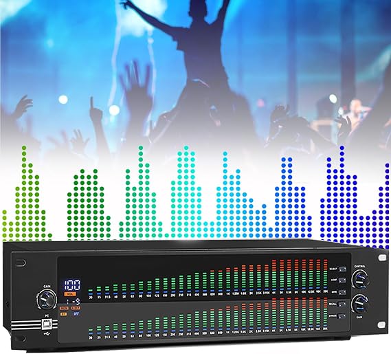 31-Band Digital Equalizer, 2-channel Stereo Graphic Equalizer EQ, LED Spectrum Display, with Customize 10 Preset Effects and Automatic Noise Reduction, for Recording Studio, Stage
